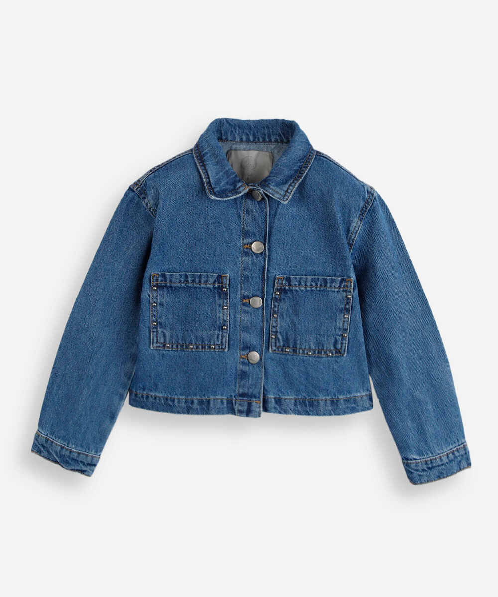 jaqueta infantil jeans com bolsos e tachas azul