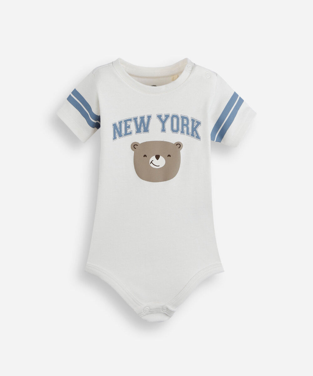 body infantil de algodão manga curta ursinho off white