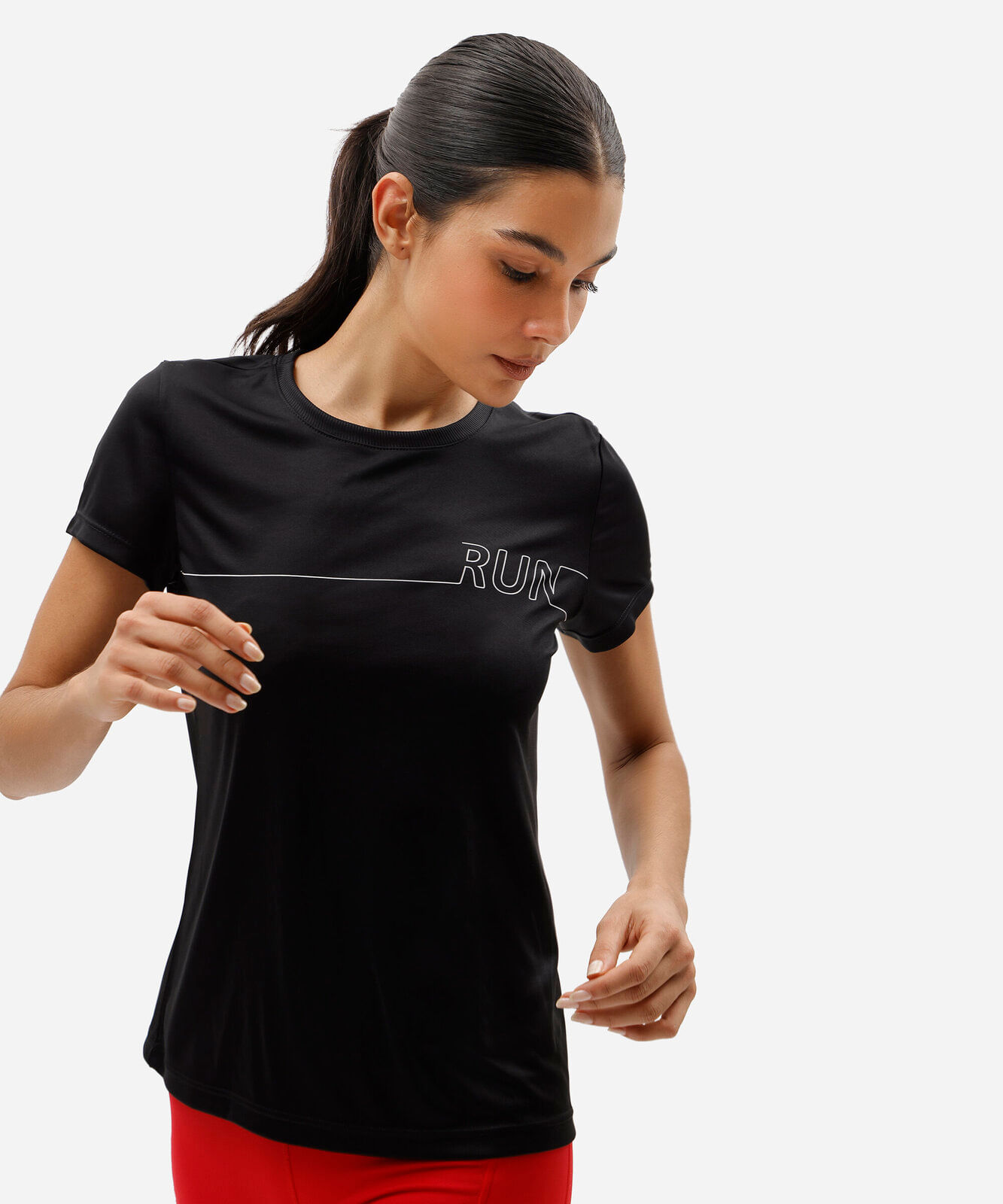 camiseta esportiva feminina manga curta estampada preta