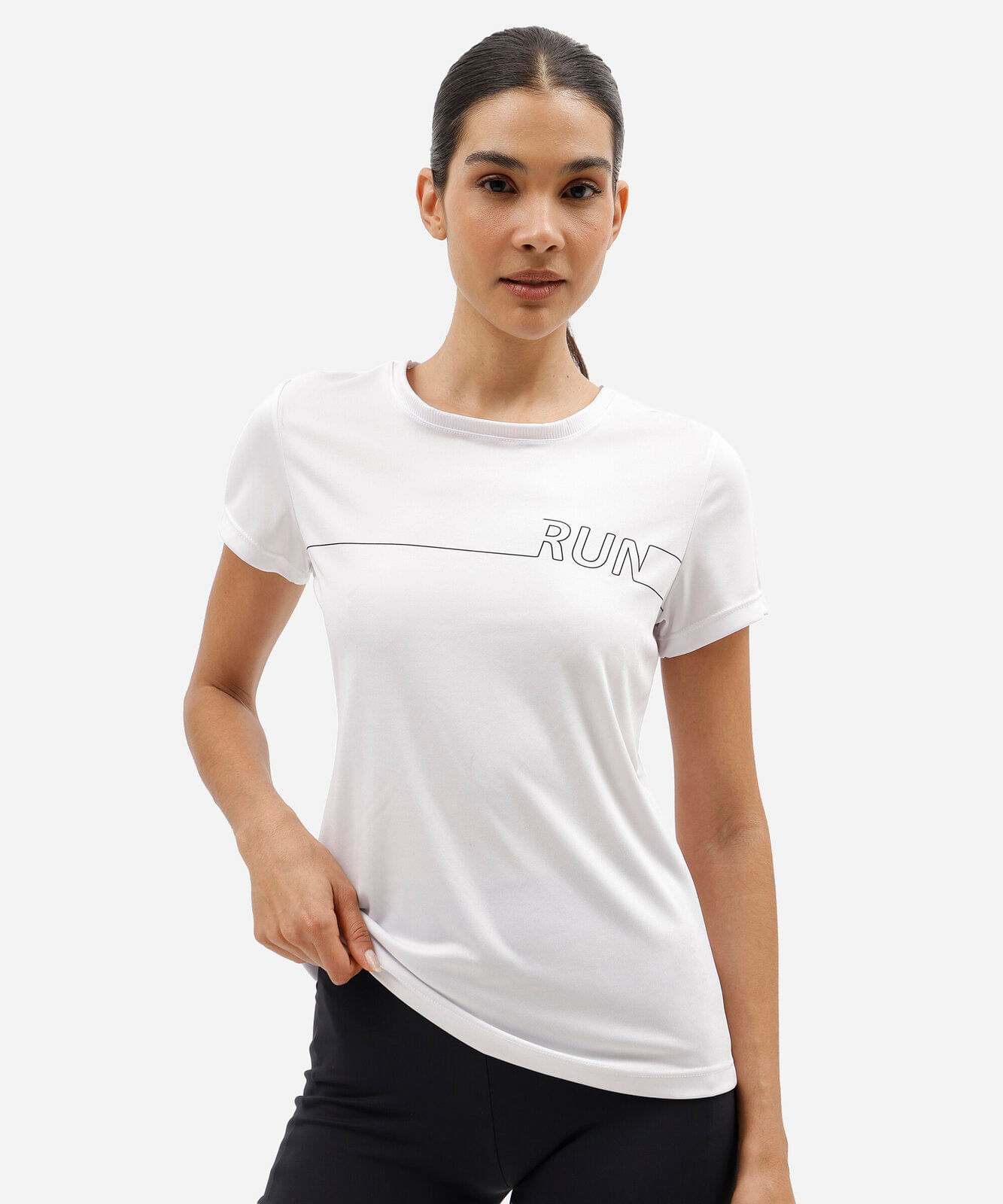 camiseta esportiva feminina manga curta estampada branca