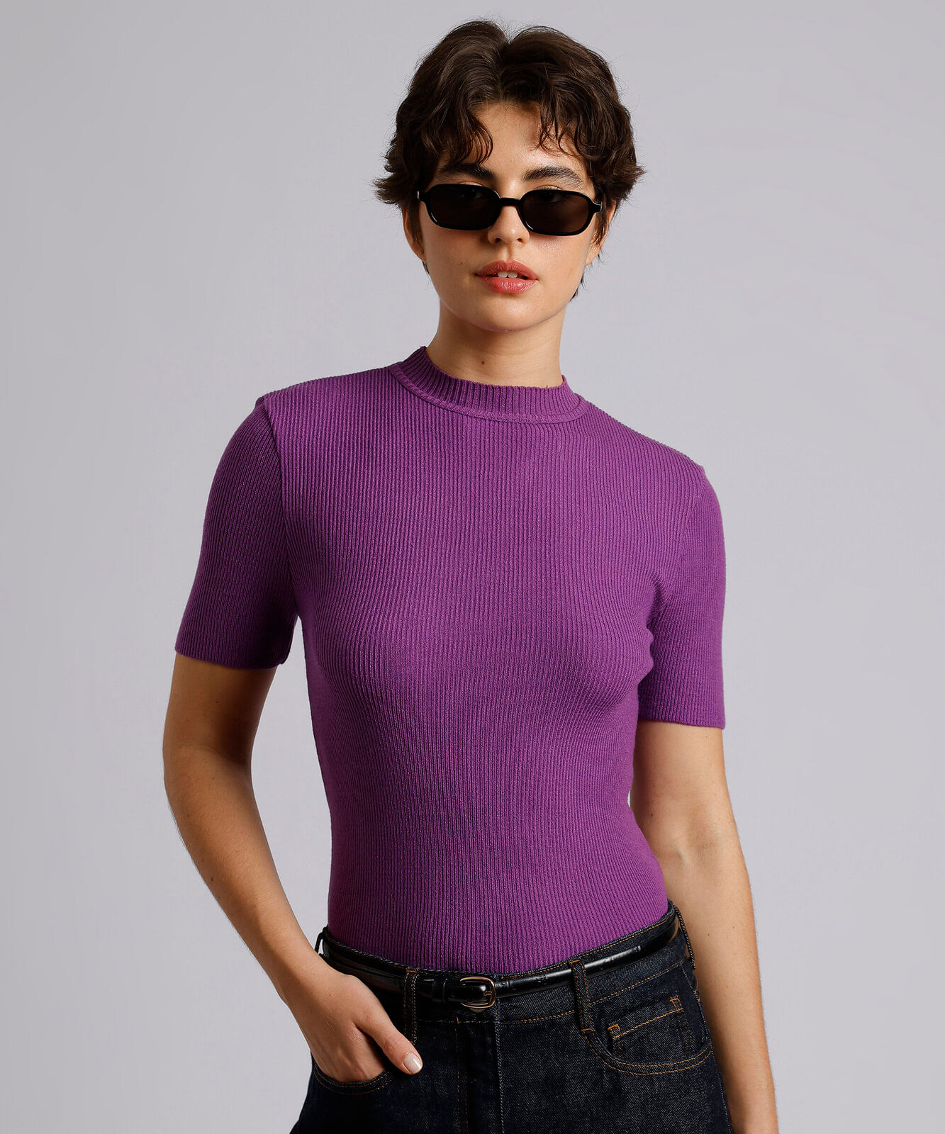 blusa feminina de tricot gola alta canelada mindset roxa