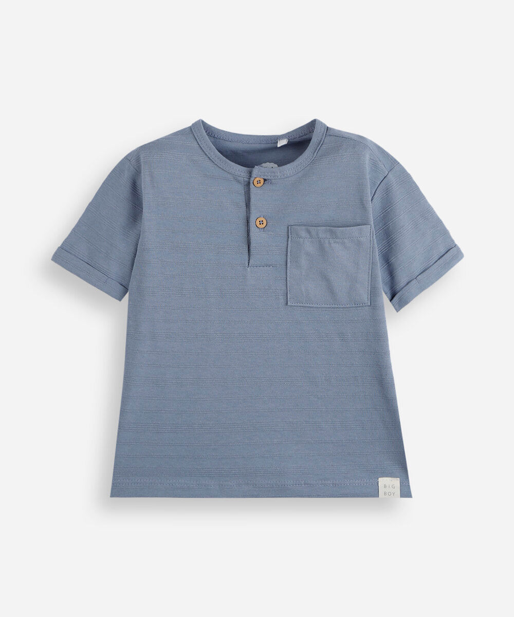 camiseta infantil de algodão manga curta com bolso azul