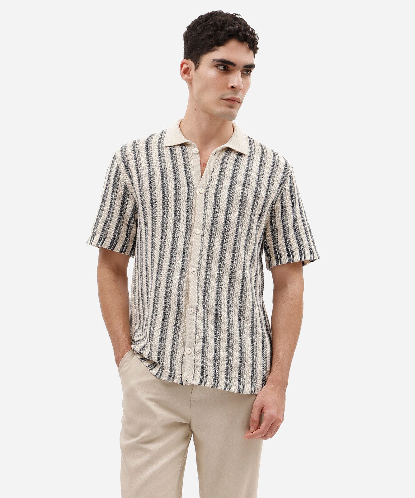 camisa masculina de tricot manga curta listrada azul