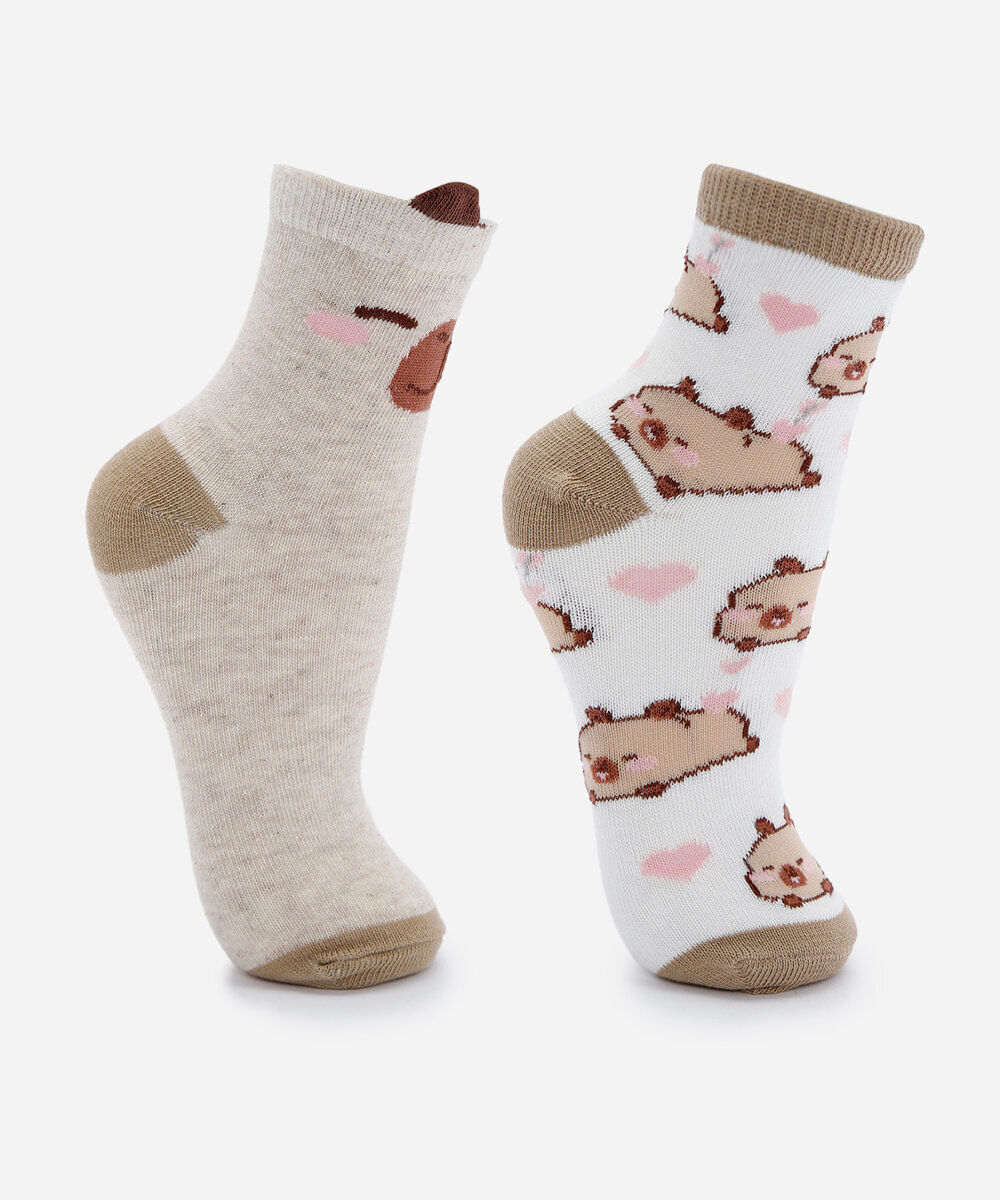 kit infantil com 2 pares de meias de algodão com estampa de capivara capyfun col