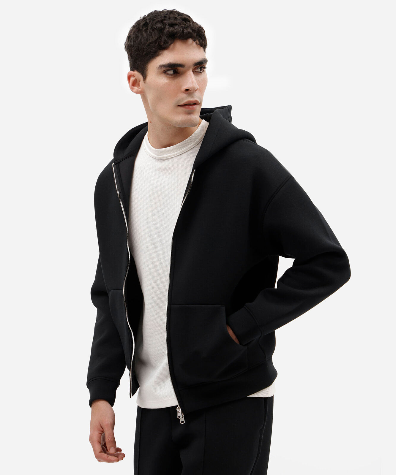 blusão masculino de moletom com zíper e capuz preto