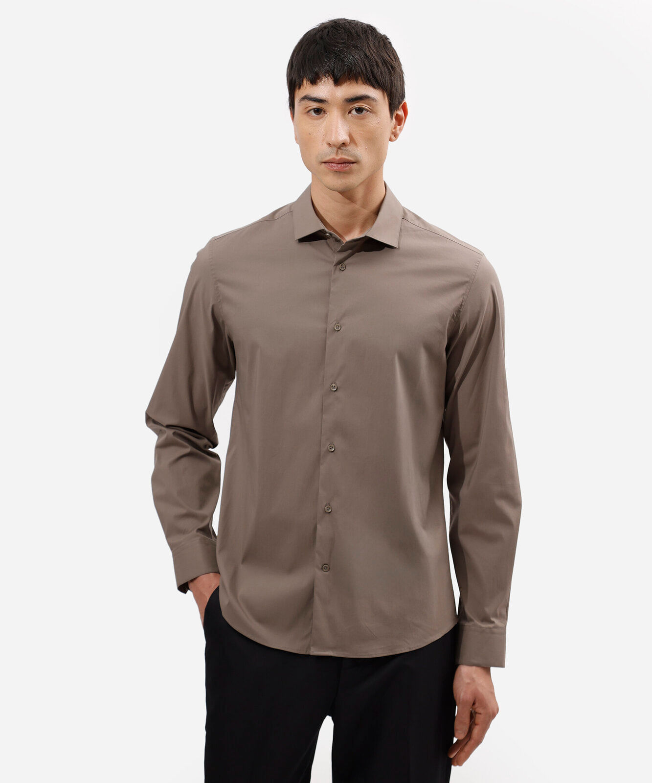 camisa slim masculina de algodão manga longa marrom