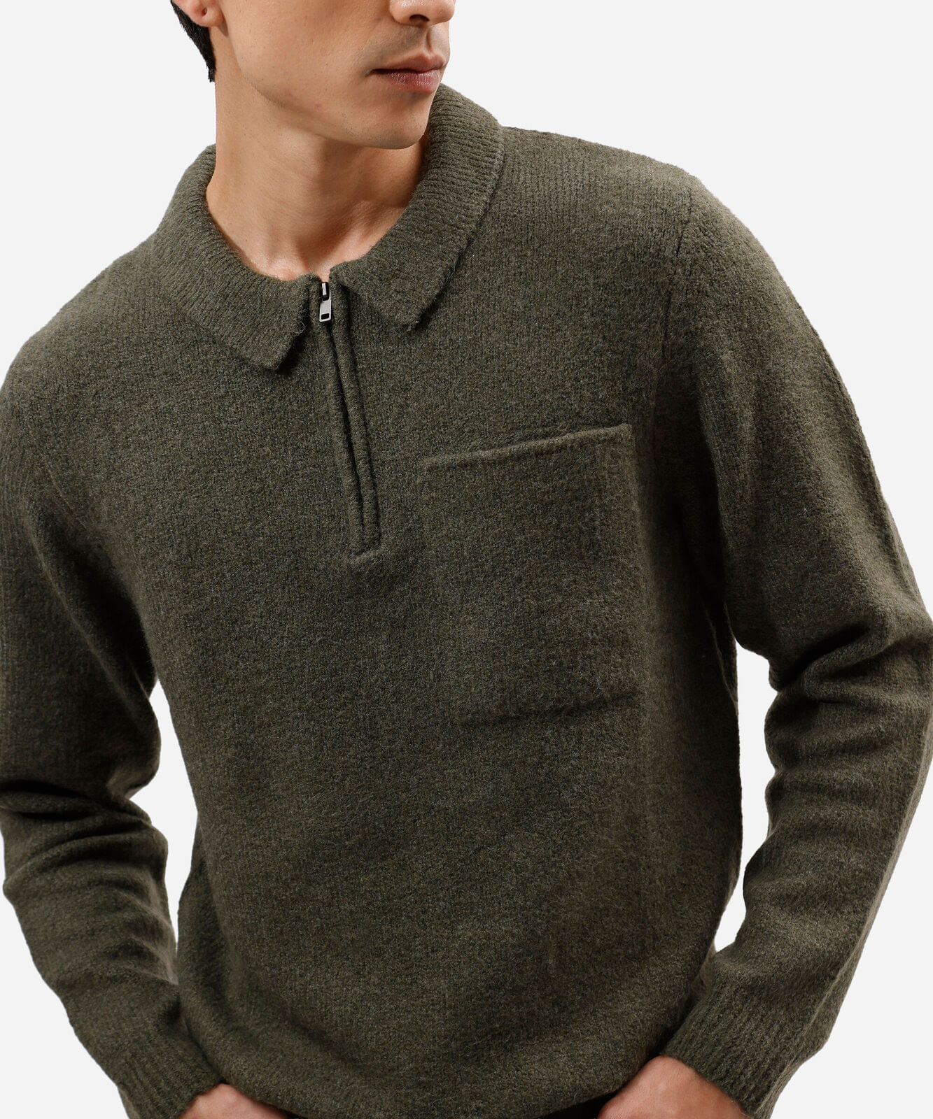 suéter masculino de tricot com bolso e zíper verde