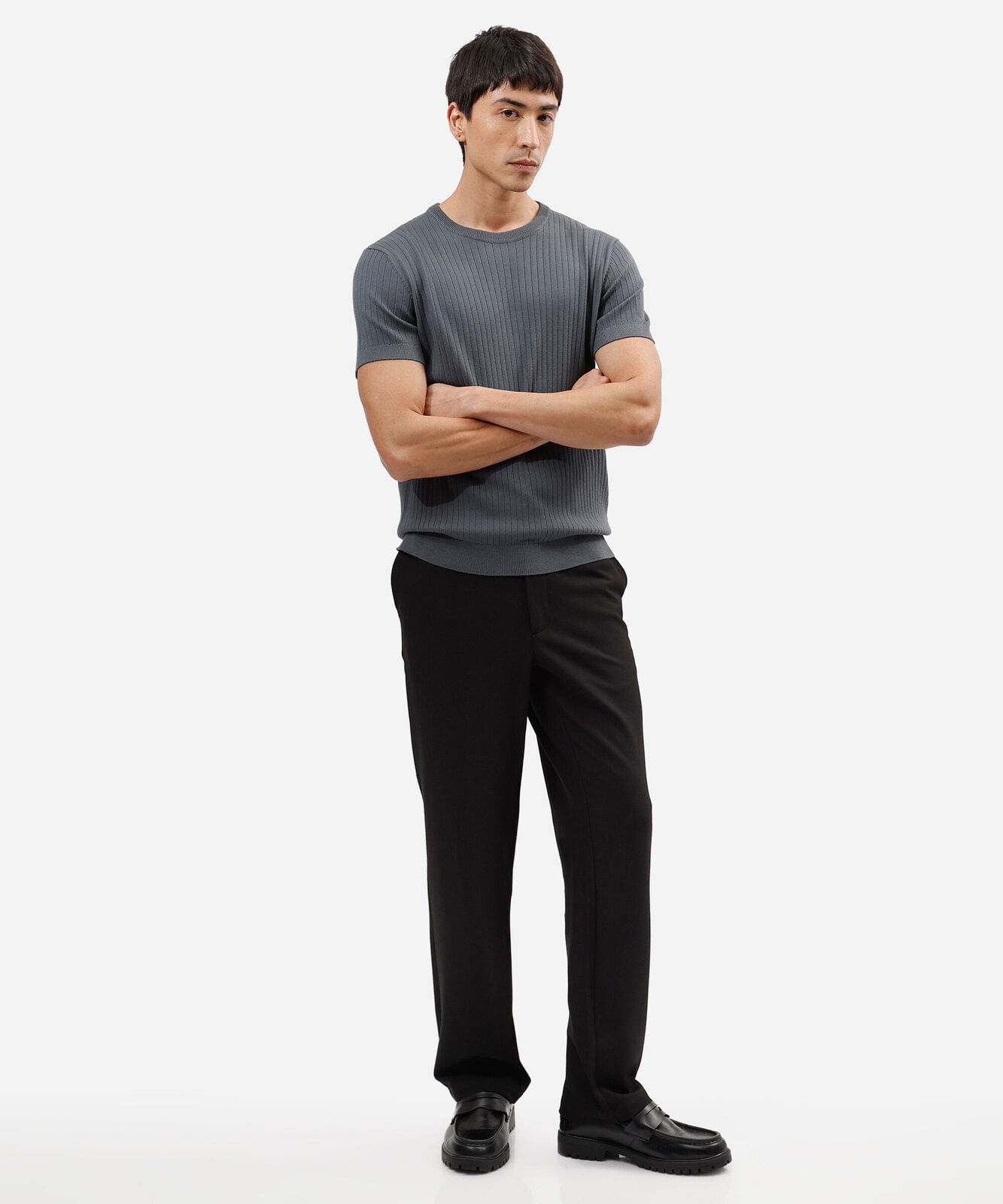 calça reta de alfaiataria masculina cós elástico preta