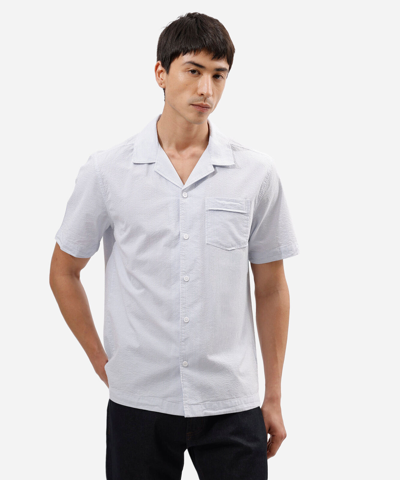 camisa comfort masculina de algodão manga curta listrada azul
