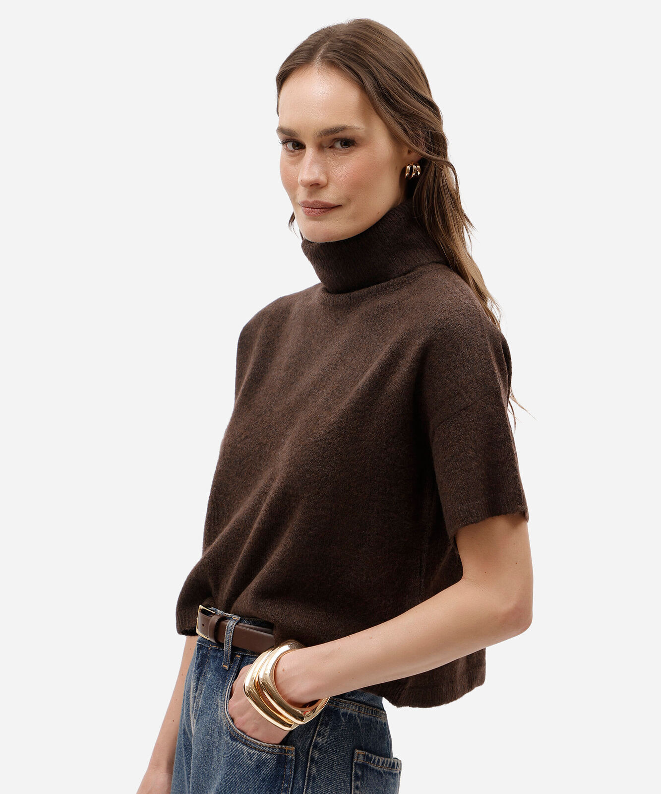 blusa feminina de tricot gola alta manga curta marrom