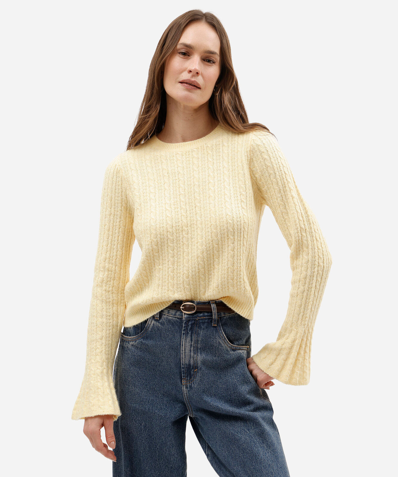 suéter feminino de tricot texturizado amarelo