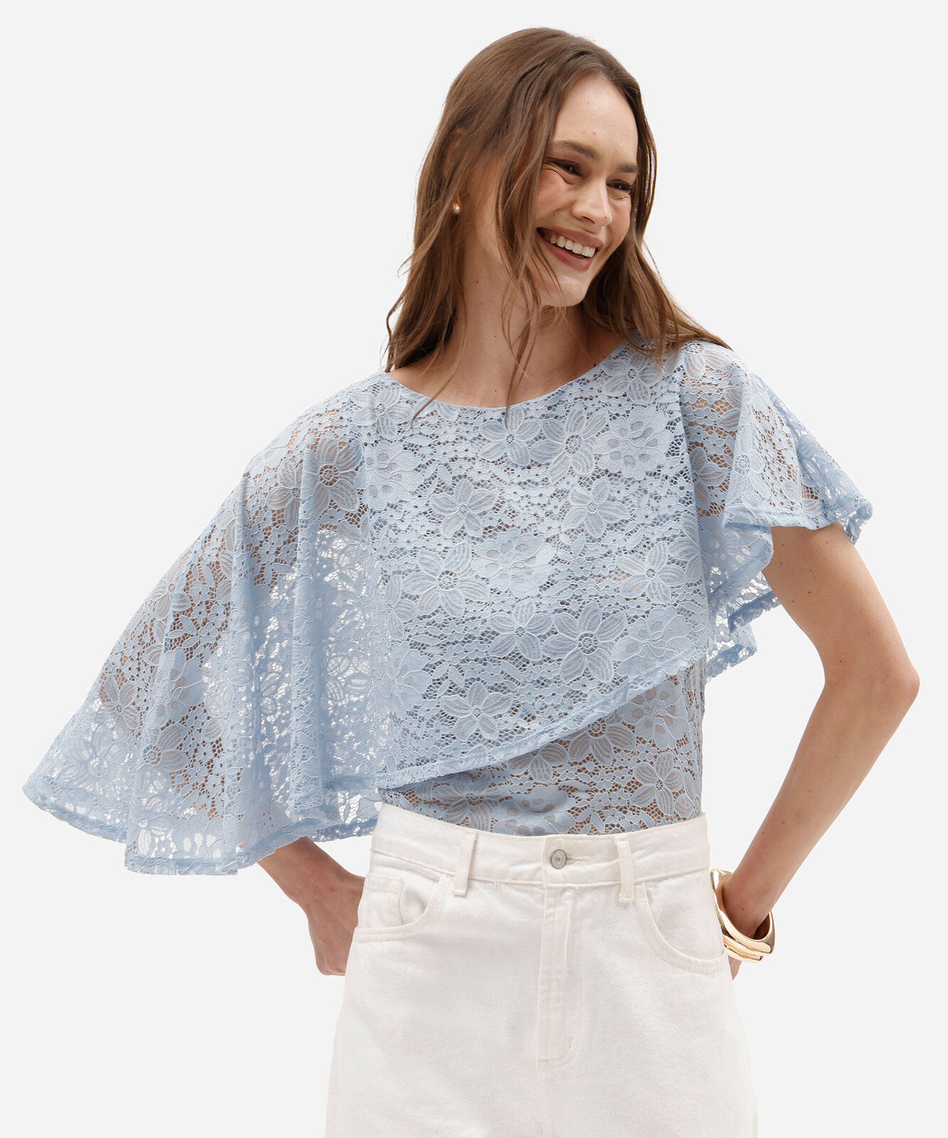blusa feminina de renda com capa sobreposta azul