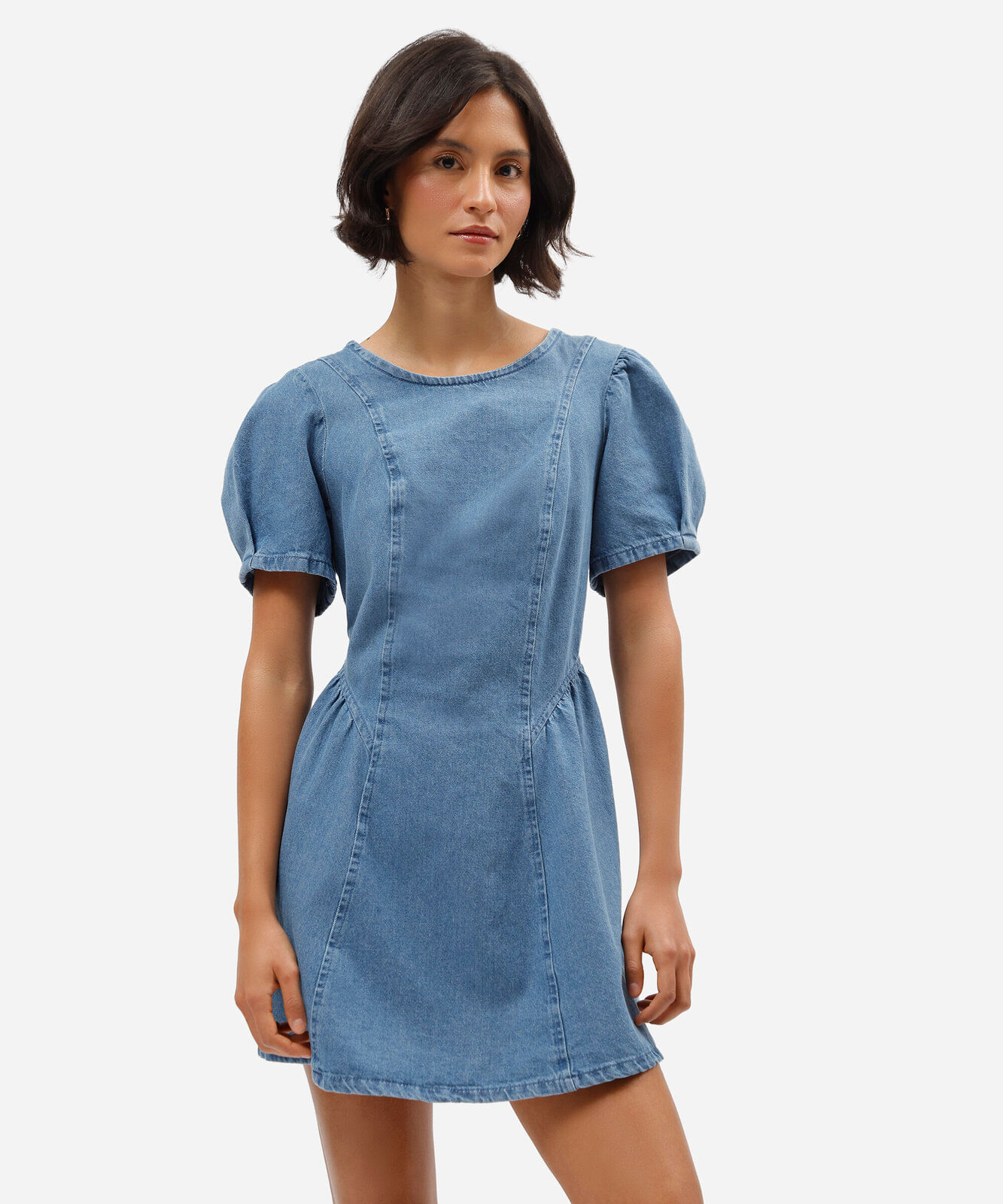 vestido curto feminino jeans com recorte manga bufante azul