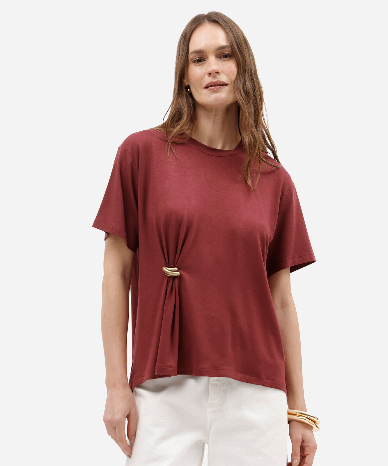 blusa oversized feminina de viscose manga curta com fivela vinho
