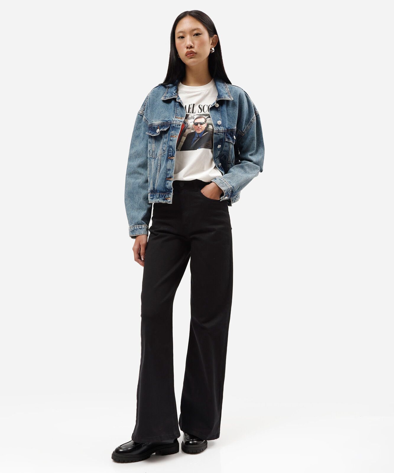 calça wide leg feminina de sarja cintura alta preta