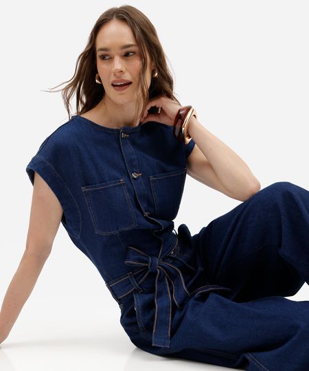 macacão feminino jeans com faixa azul M