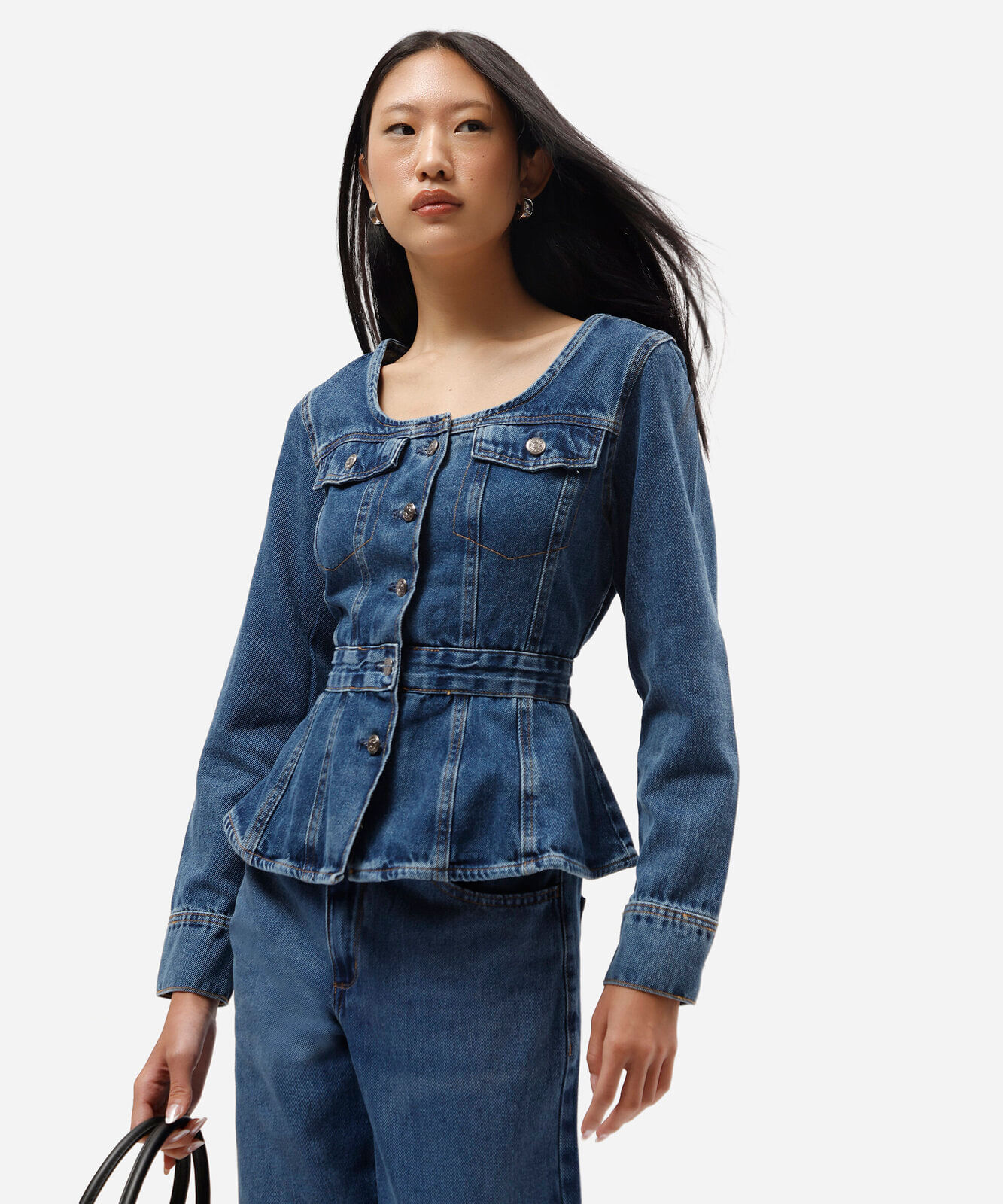 jaqueta peplum feminina jeans decote redondo azul
