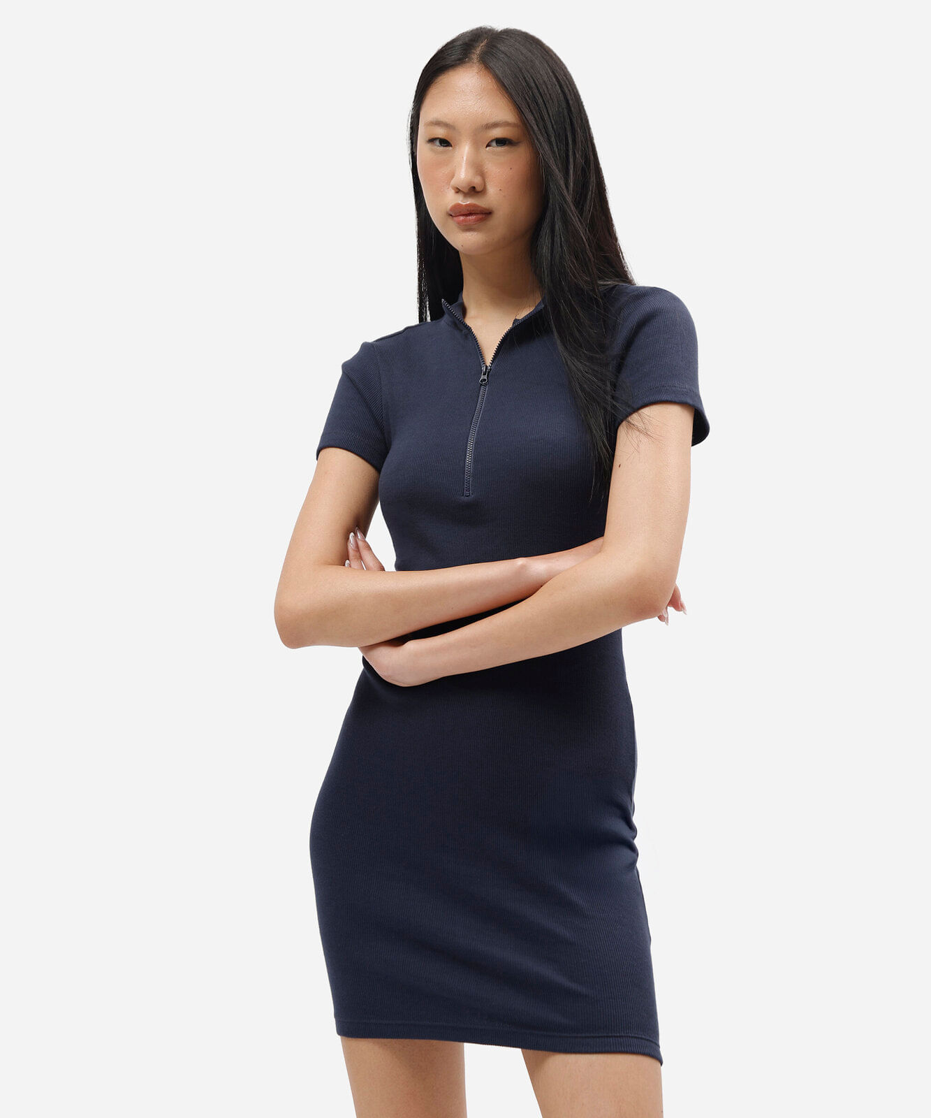 vestido feminino de algodão gola alta manga curta azul