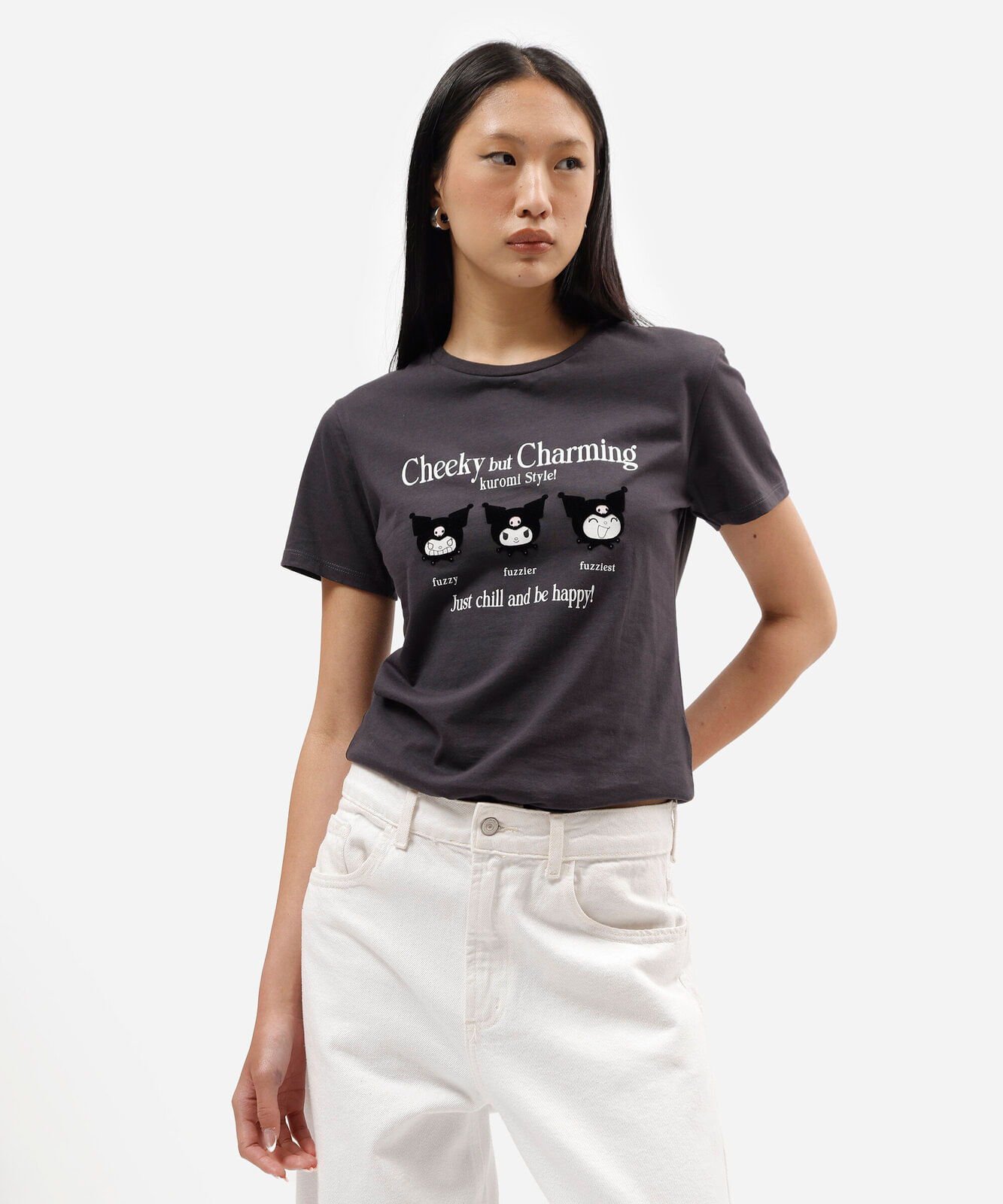 camiseta feminina de algodão manga curta kuromi cinza