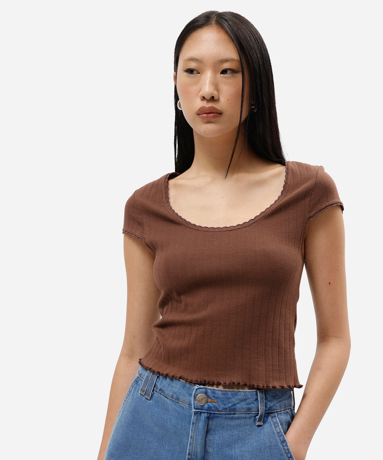 blusa baby look feminina de algodão canelada marrom