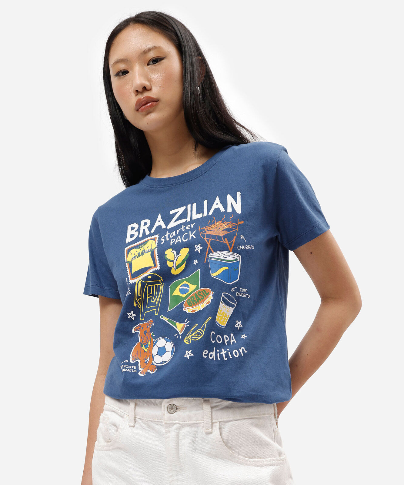 camiseta feminina de algodão manga curta estampada azul