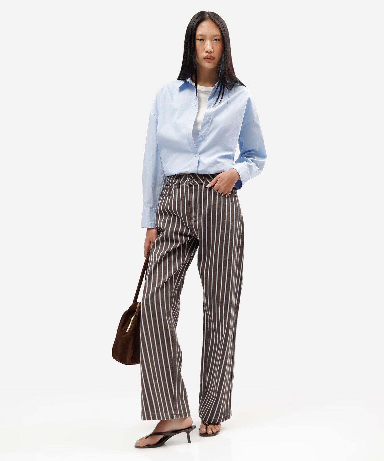 calça wide leg slim feminina de sarja cintura média listrada marrom