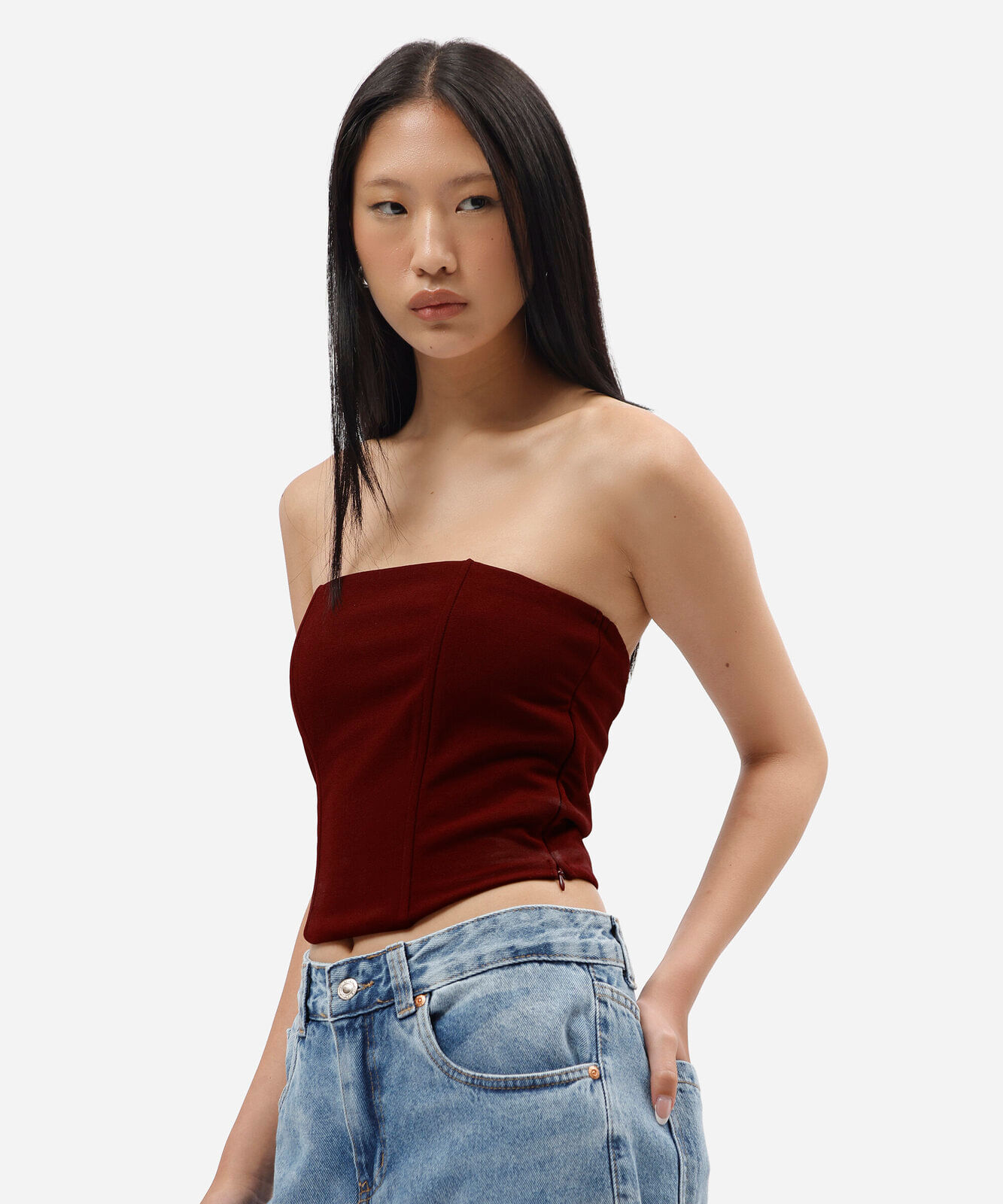 blusa corset sem alça feminina cropped vinho