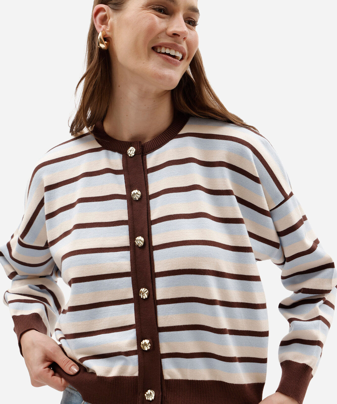 cardigan feminino de tricô listrado com botões marrom