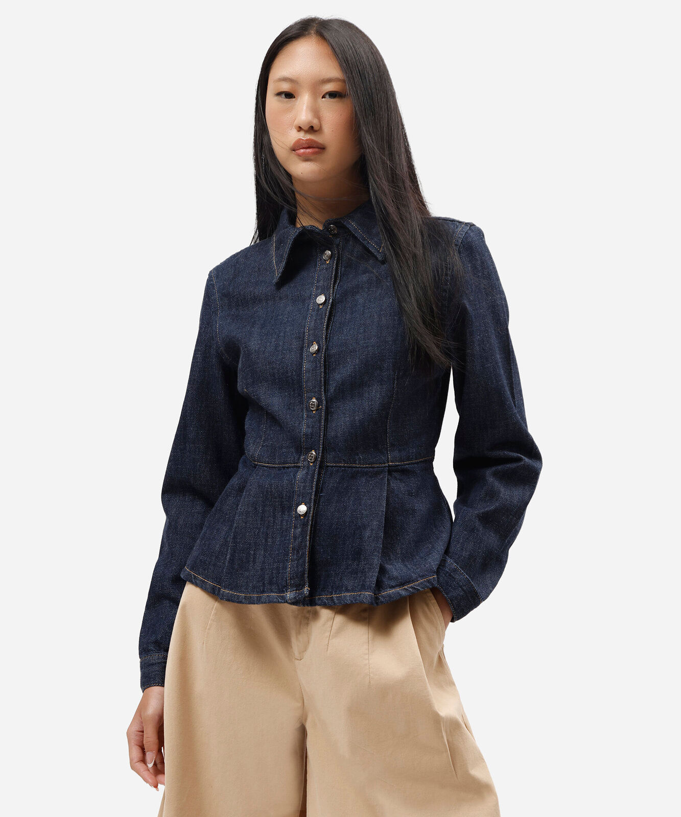 camisa peplum feminina jeans manga longa azul