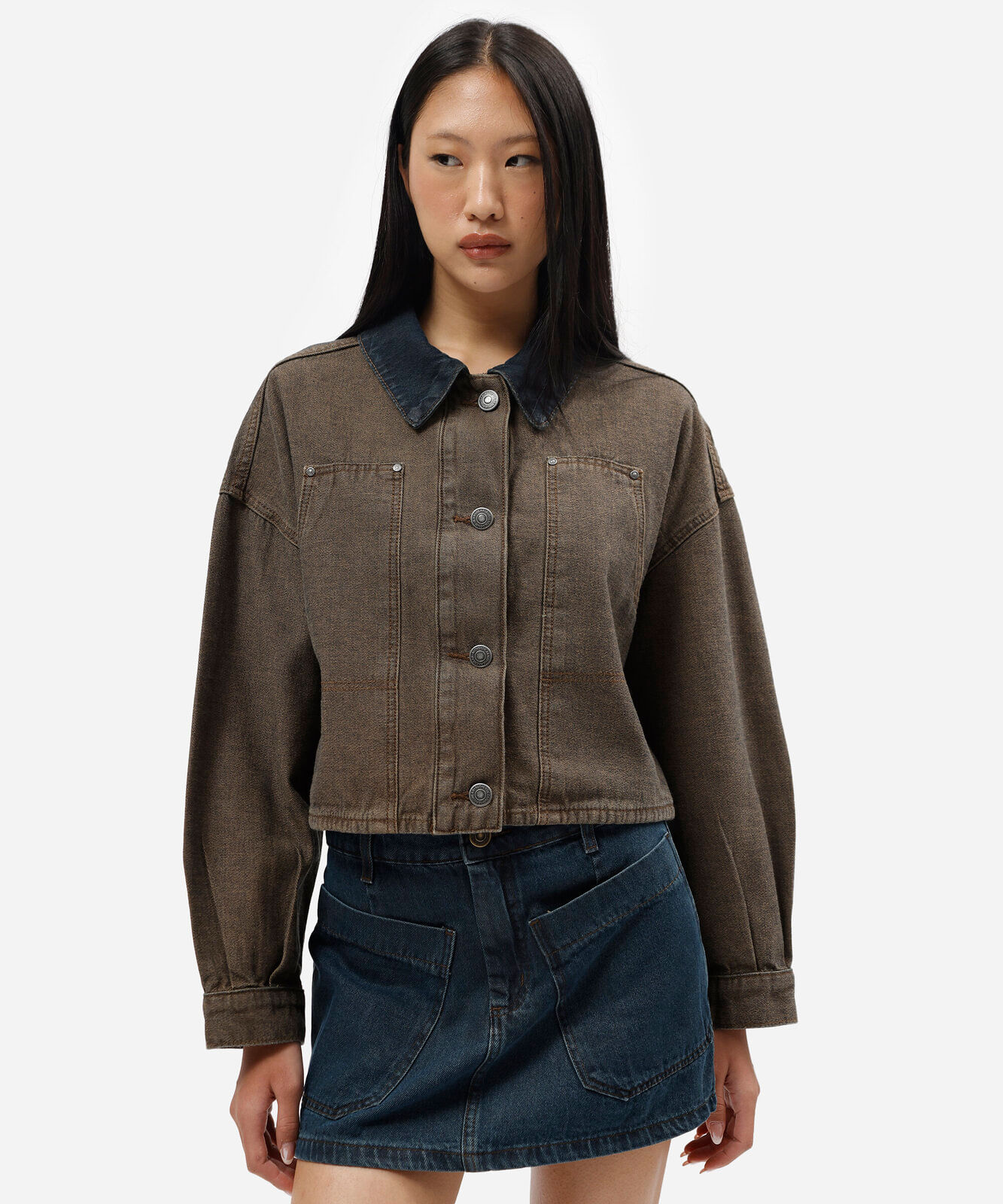 jaqueta jeans cropped feminina com gola contraste jeans azul