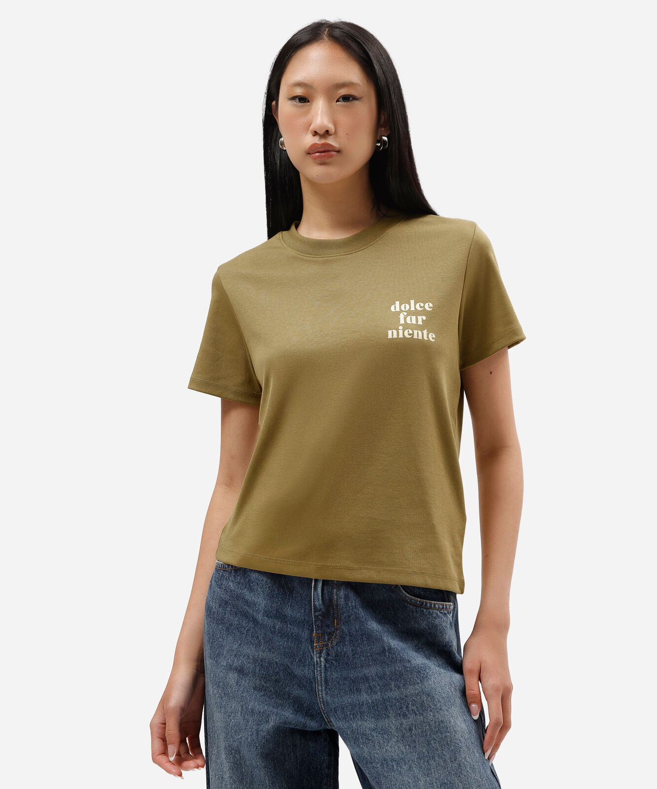 camiseta feminina de algodão peruano manga curta estampada verde
