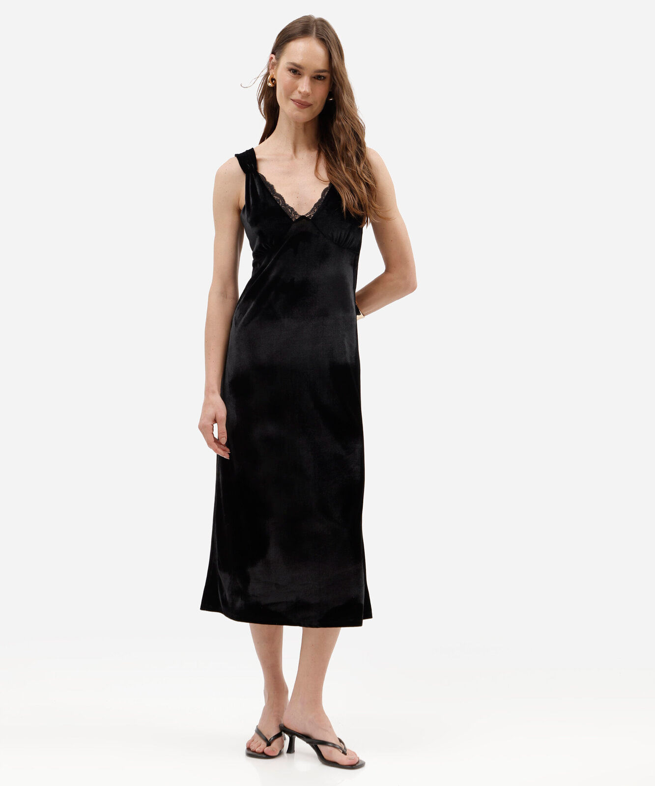 vestido midi feminino de veludo com renda preto