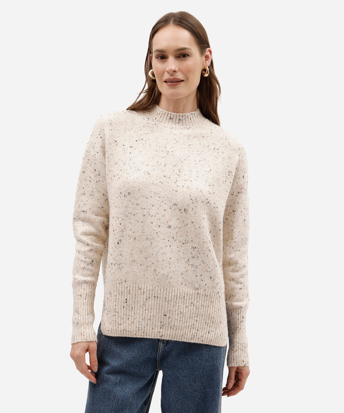 suéter feminino de tricot gola alta com fendas bege