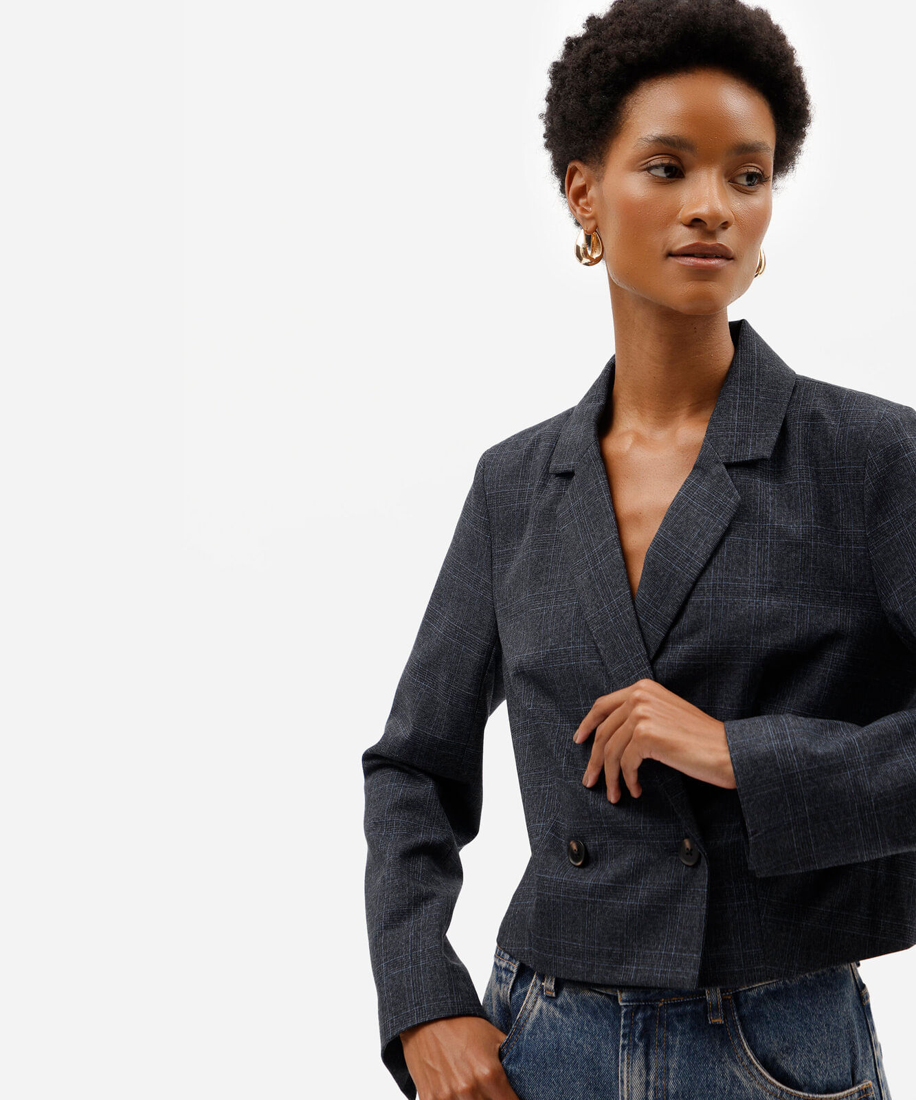 blazer de alfaiataria cropped feminino xadrez azul
