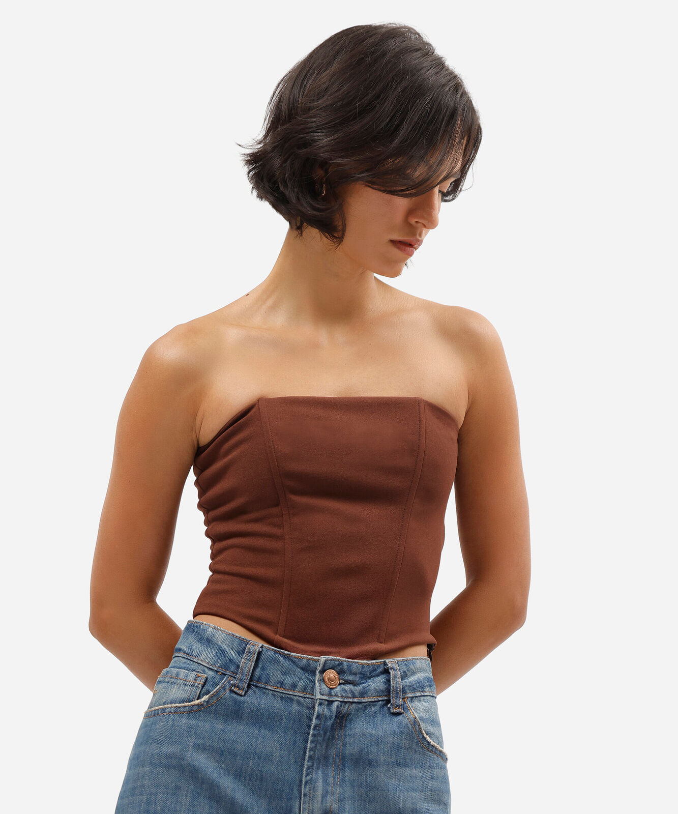 blusa corset sem alça feminina cropped marrom