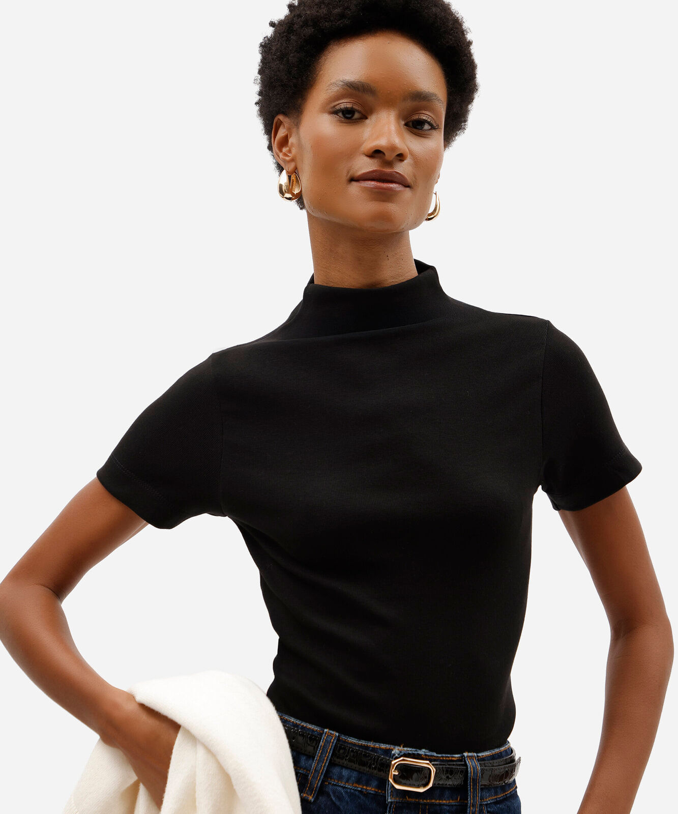 blusa feminina de algodão gola alta manga curta preta