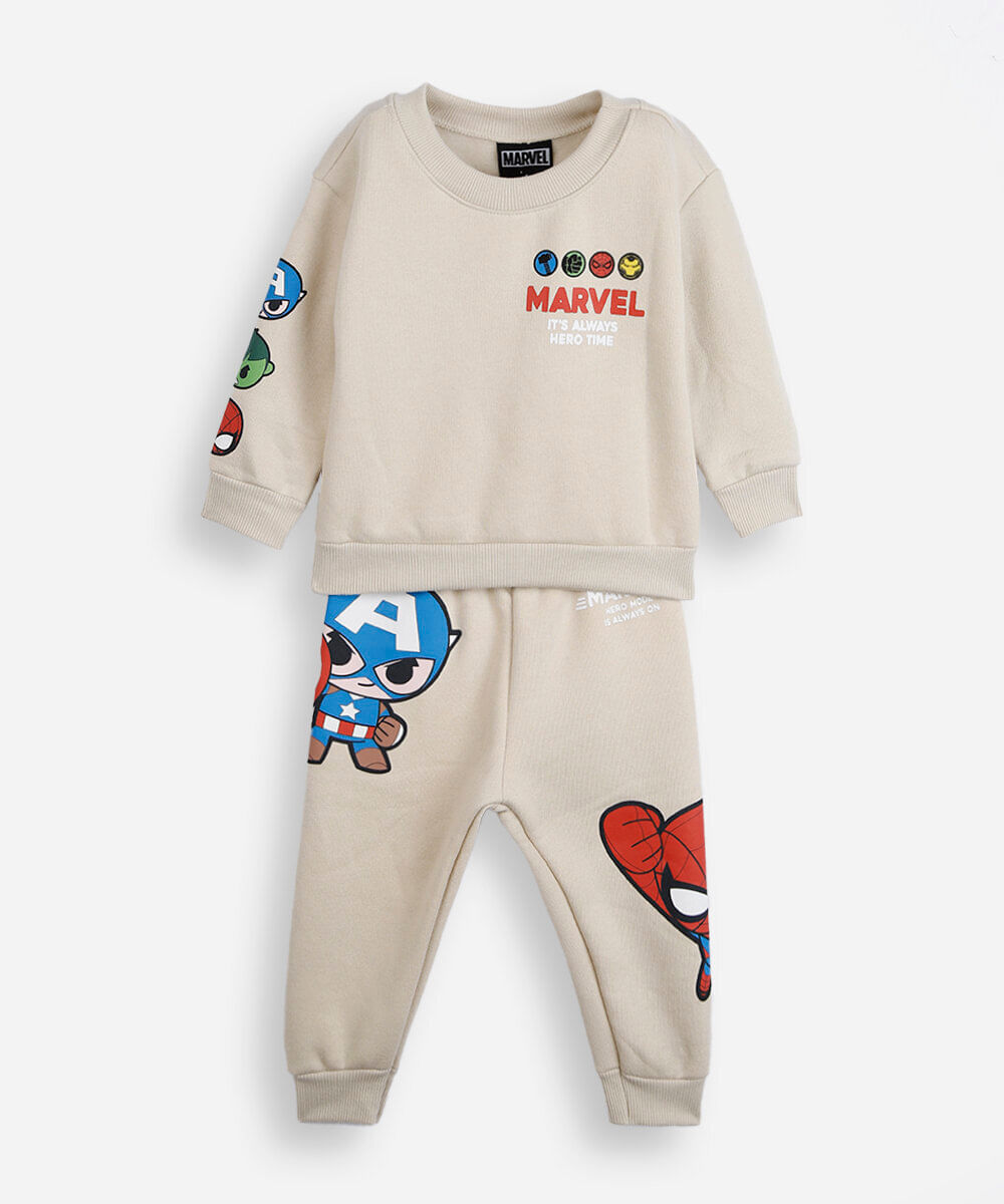 conjunto longo infantil de moletom os vingadores bege