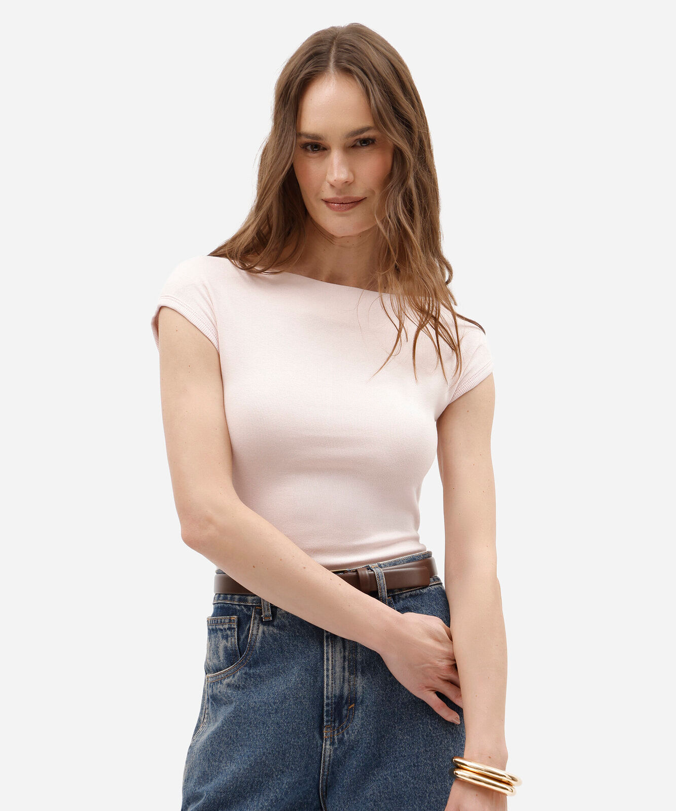 blusa feminina de algodão decote canoa manga curta rosa
