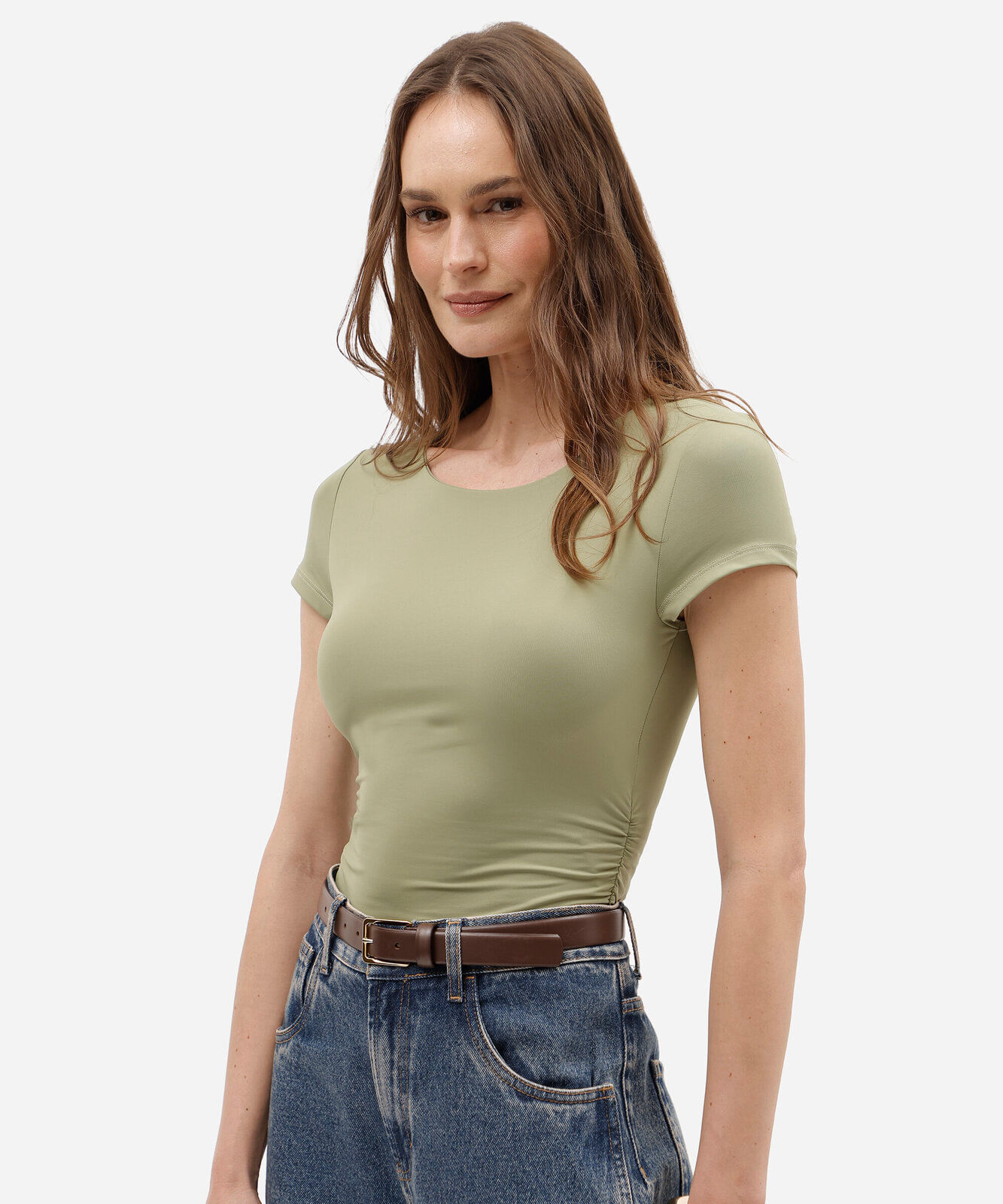 blusa baby look feminina de poliamida franzida verde