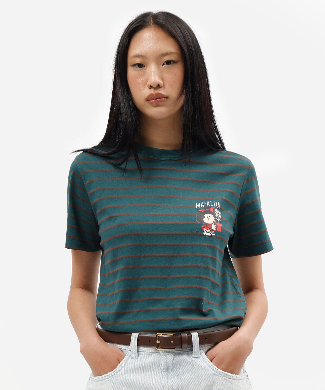 camiseta feminina com algodão manga curta mafalda listrada verde