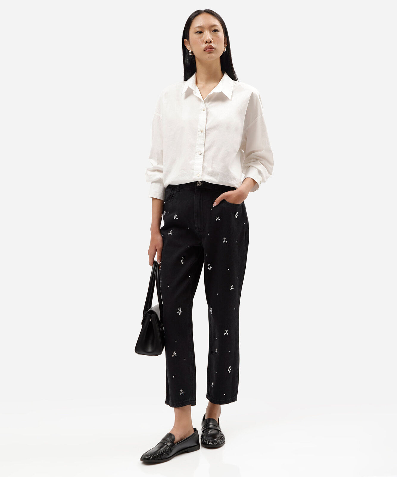 calça mom feminina jeans com brilhos cintura alta preta