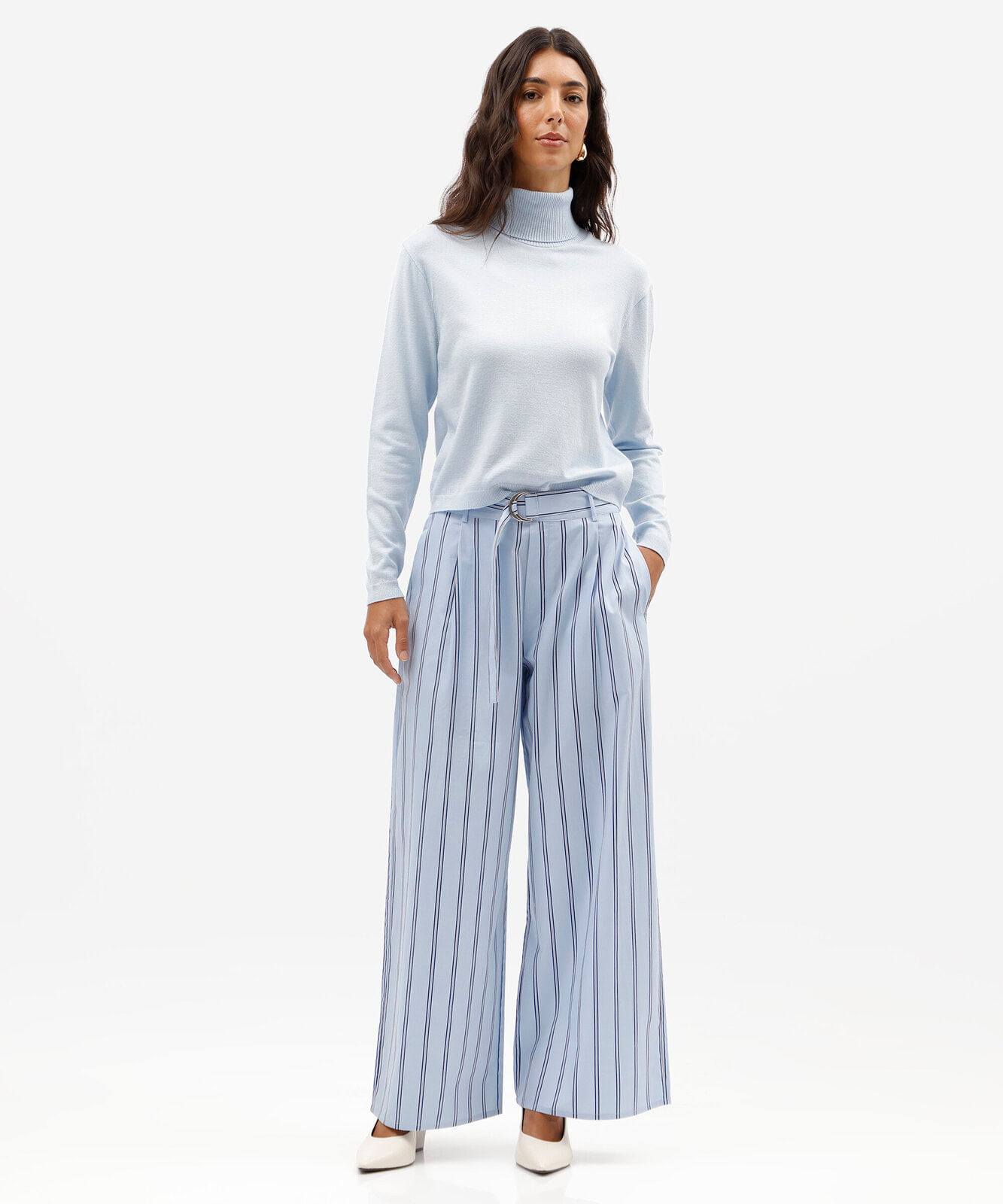 calça baggy feminina de tricoline listrada com pregas azul