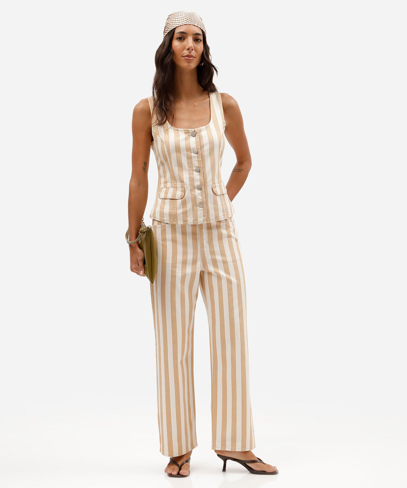 calça wide leg slim cropped feminina de sarja listrada off white