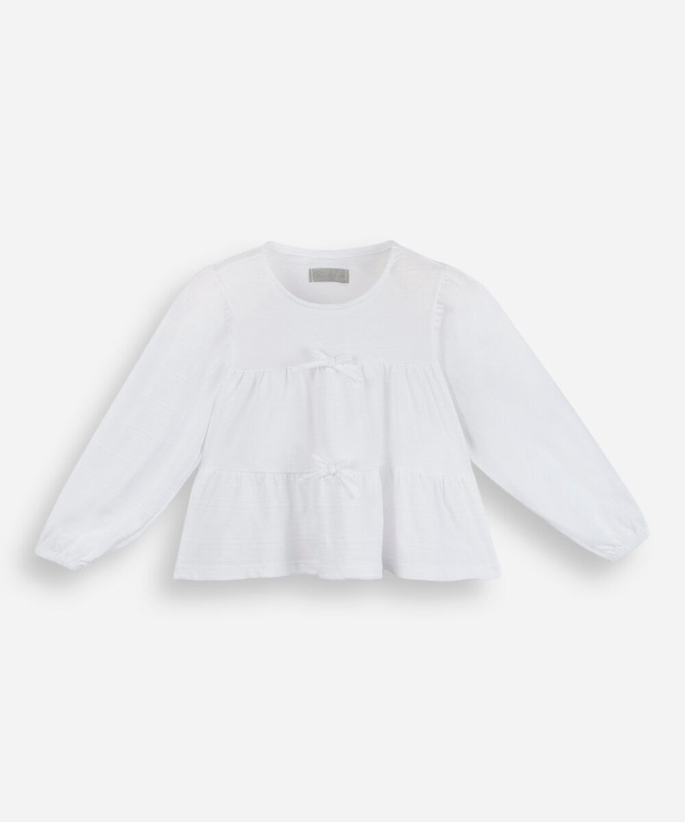bata infantil de algodão com recortes e laços manga longa off white