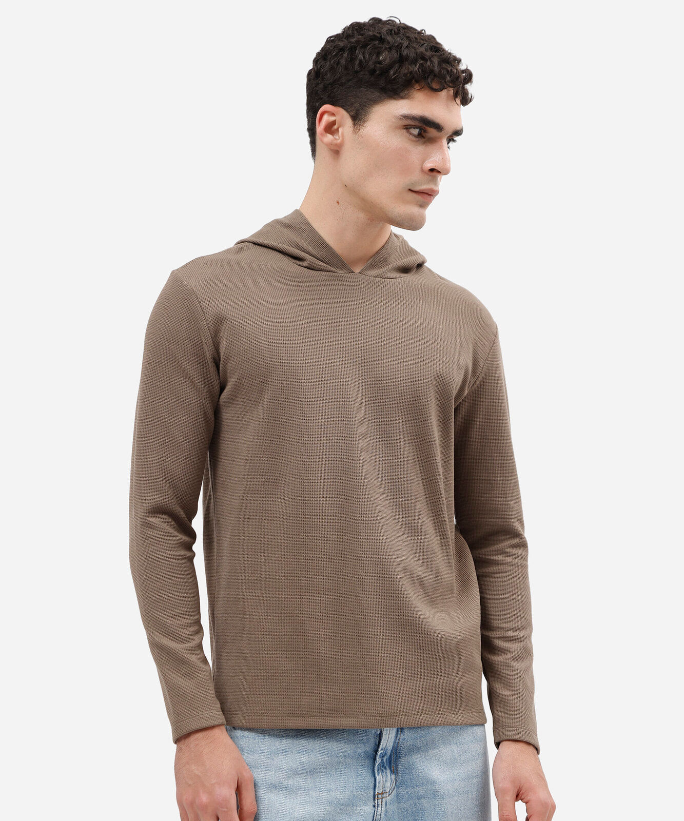 camiseta masculina manga longa com capuz texturizada bege