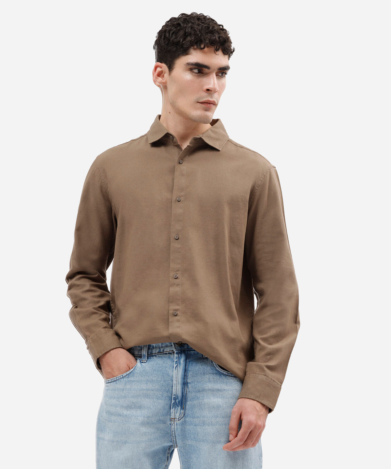 camisa masculina comfort de algodão manga longa bege