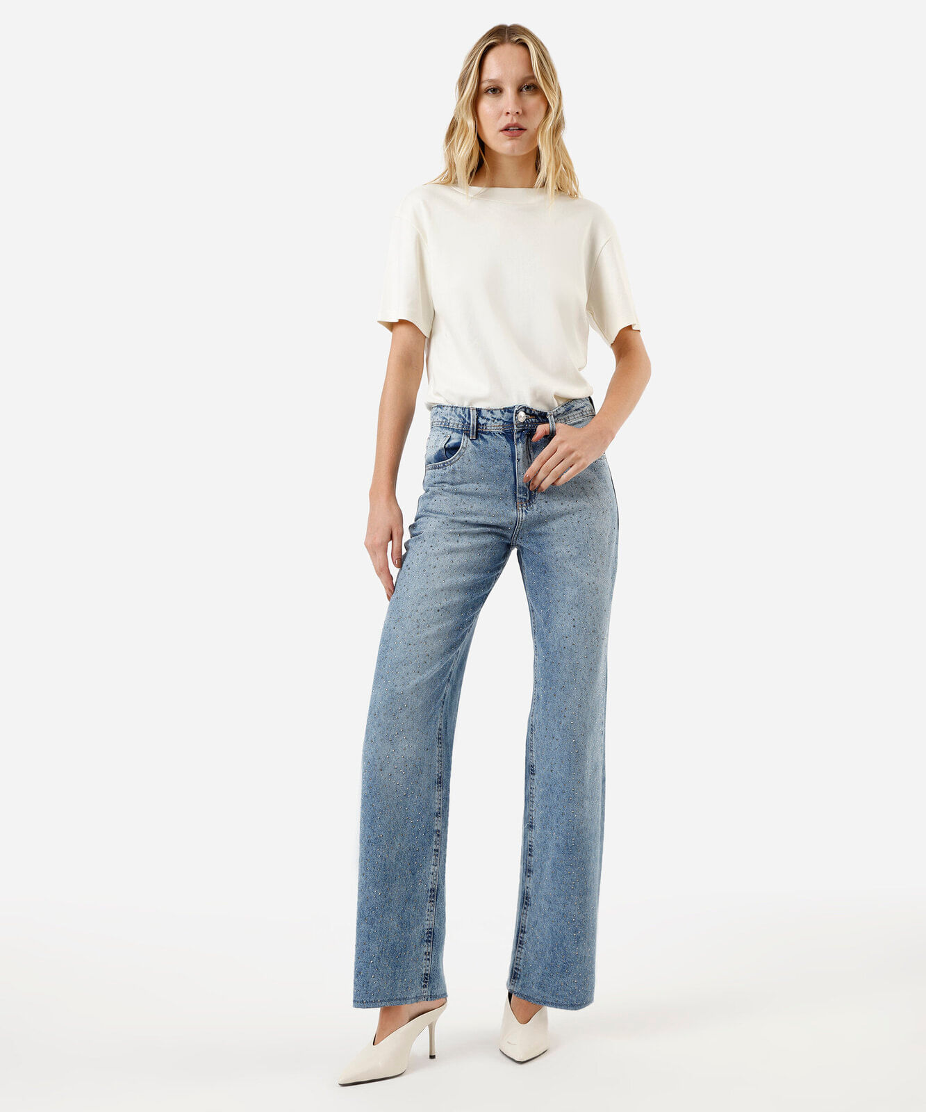 calça jeans wide leg slim com brilho cintura super alta azul