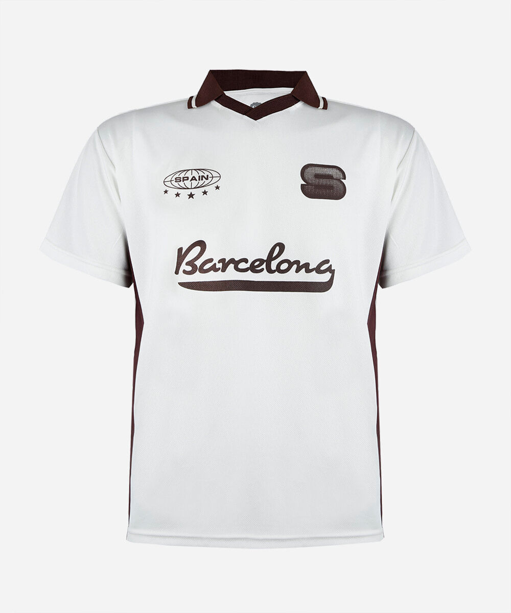 camiseta esportiva juvenil com gola e recorte estampada off white