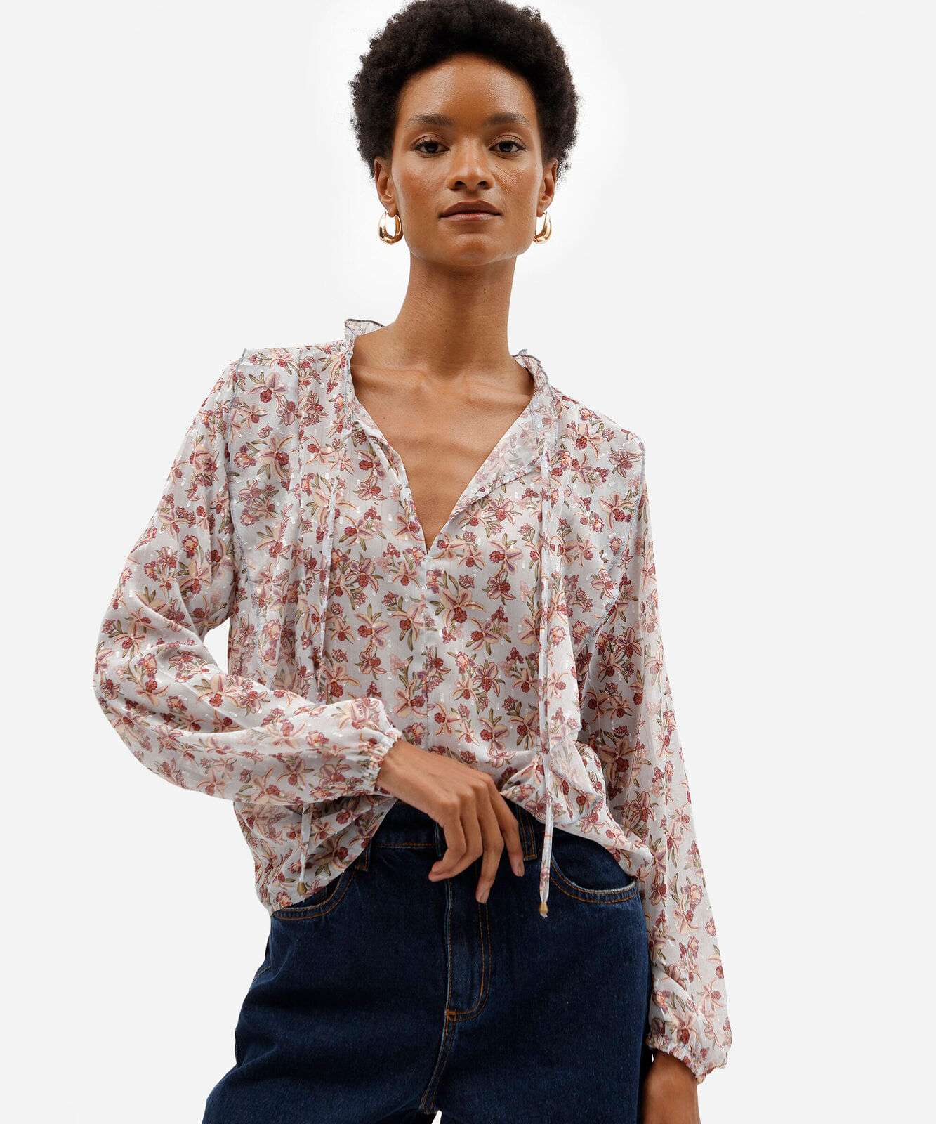 bata feminina de chiffon manga longa floral azul