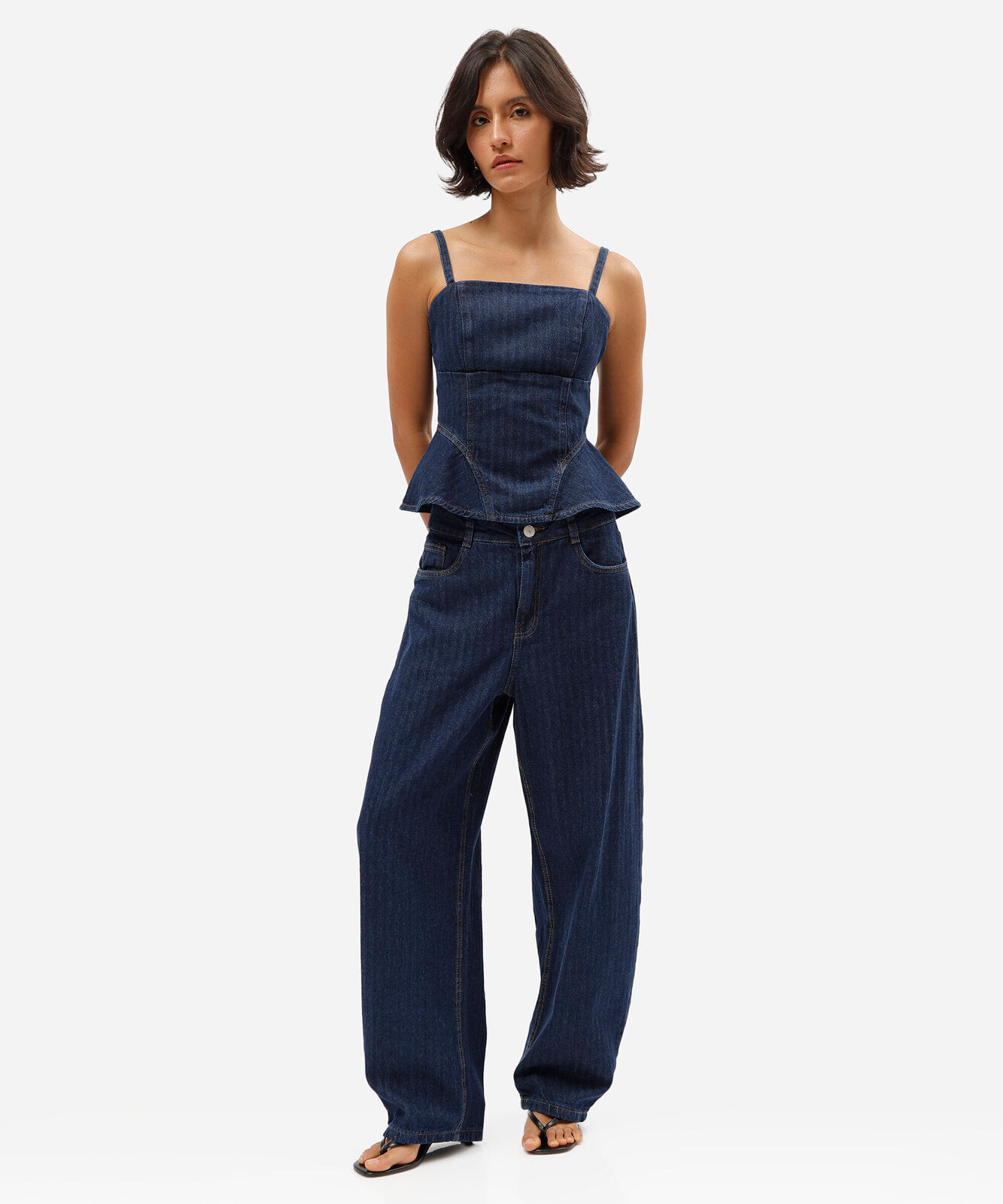 calça balloon feminina jeans cintura alta listrada azul